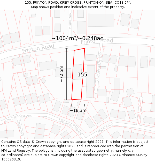 155, FRINTON ROAD, KIRBY CROSS, FRINTON-ON-SEA, CO13 0PN: Plot and title map