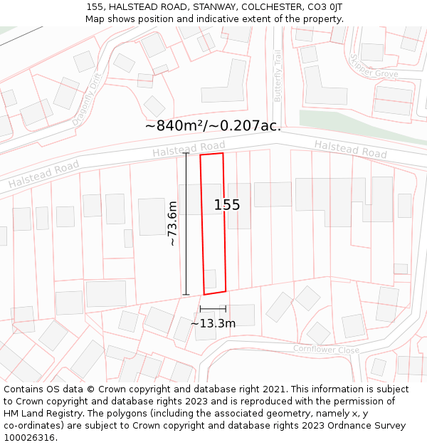 155, HALSTEAD ROAD, STANWAY, COLCHESTER, CO3 0JT: Plot and title map