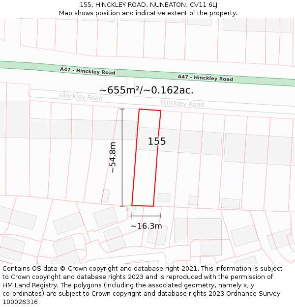 155, HINCKLEY ROAD, NUNEATON, CV11 6LJ: Plot and title map