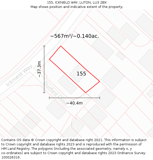 155, ICKNIELD WAY, LUTON, LU3 2BX: Plot and title map