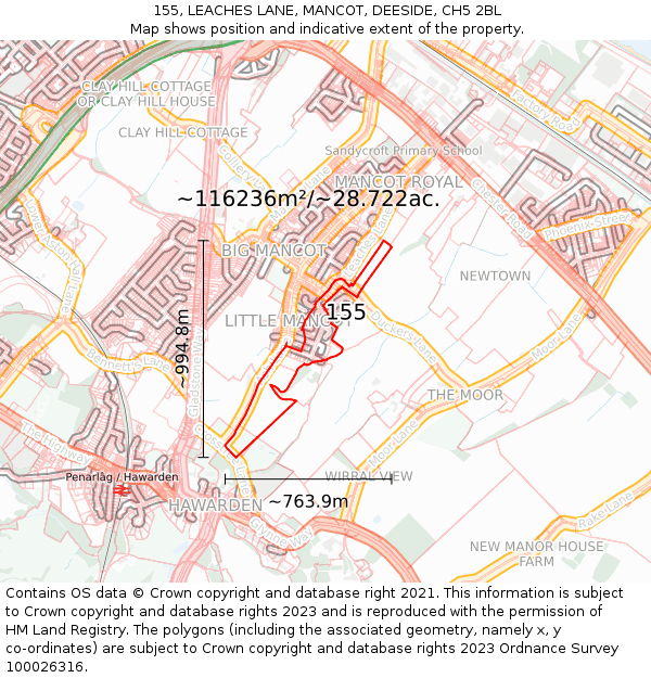 155, LEACHES LANE, MANCOT, DEESIDE, CH5 2BL: Plot and title map