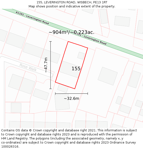 155, LEVERINGTON ROAD, WISBECH, PE13 1RT: Plot and title map