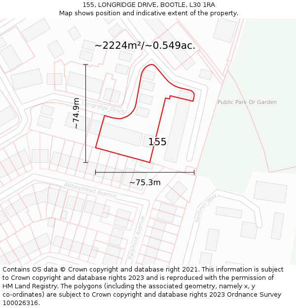 155, LONGRIDGE DRIVE, BOOTLE, L30 1RA: Plot and title map