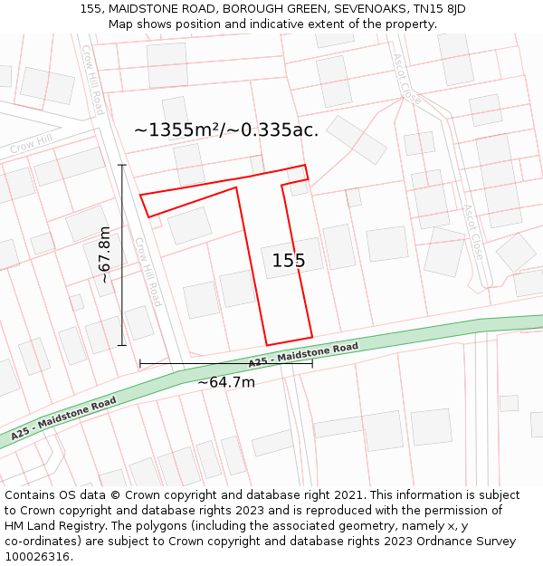 155, MAIDSTONE ROAD, BOROUGH GREEN, SEVENOAKS, TN15 8JD: Plot and title map
