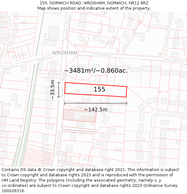 155, NORWICH ROAD, WROXHAM, NORWICH, NR12 8RZ: Plot and title map