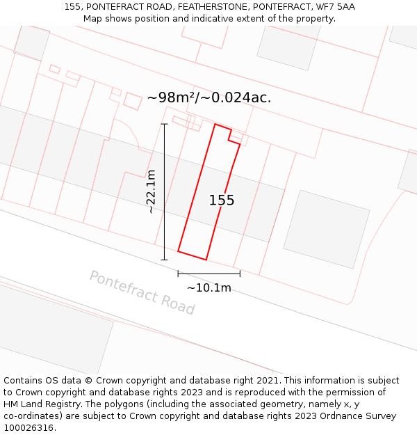155, PONTEFRACT ROAD, FEATHERSTONE, PONTEFRACT, WF7 5AA: Plot and title map