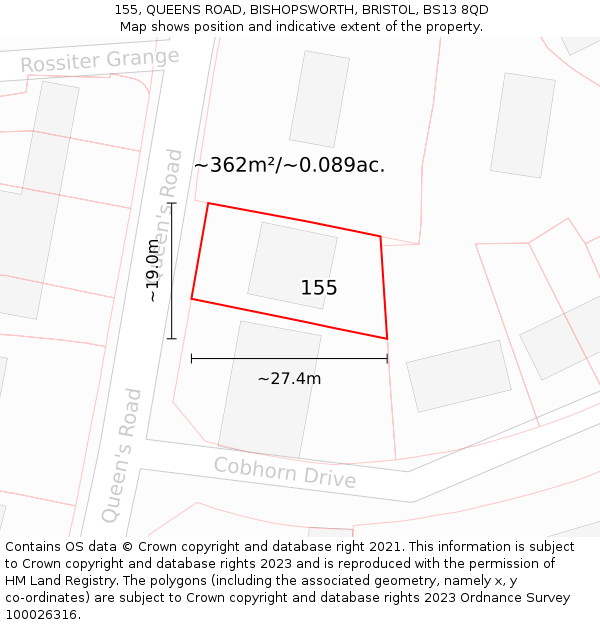 155, QUEENS ROAD, BISHOPSWORTH, BRISTOL, BS13 8QD: Plot and title map