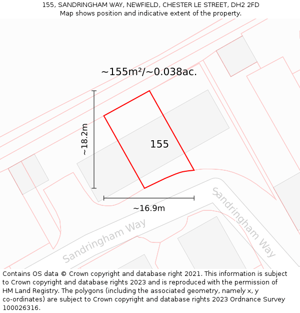 155, SANDRINGHAM WAY, NEWFIELD, CHESTER LE STREET, DH2 2FD: Plot and title map