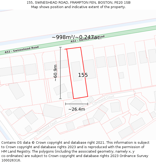 155, SWINESHEAD ROAD, FRAMPTON FEN, BOSTON, PE20 1SB: Plot and title map
