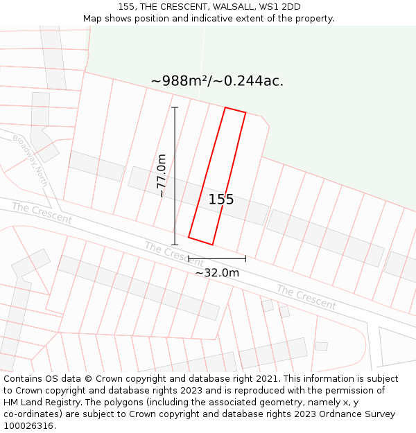 155, THE CRESCENT, WALSALL, WS1 2DD: Plot and title map