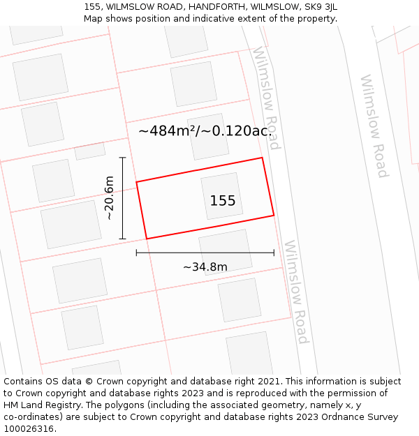 155, WILMSLOW ROAD, HANDFORTH, WILMSLOW, SK9 3JL: Plot and title map