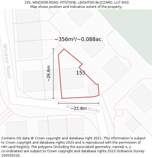 155, WINDSOR ROAD, PITSTONE, LEIGHTON BUZZARD, LU7 9GG: Plot and title map