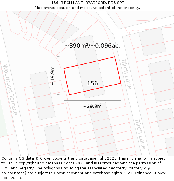 156, BIRCH LANE, BRADFORD, BD5 8PF: Plot and title map