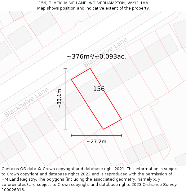 156, BLACKHALVE LANE, WOLVERHAMPTON, WV11 1AA: Plot and title map