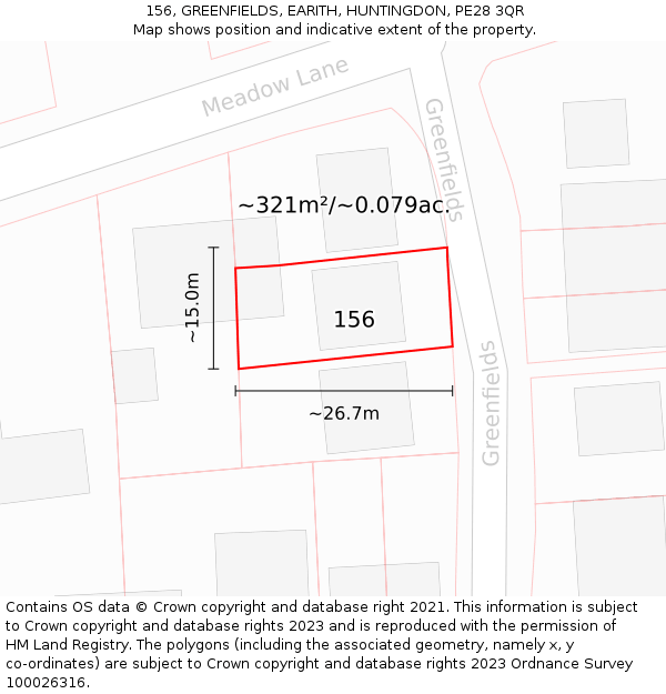 156, GREENFIELDS, EARITH, HUNTINGDON, PE28 3QR: Plot and title map