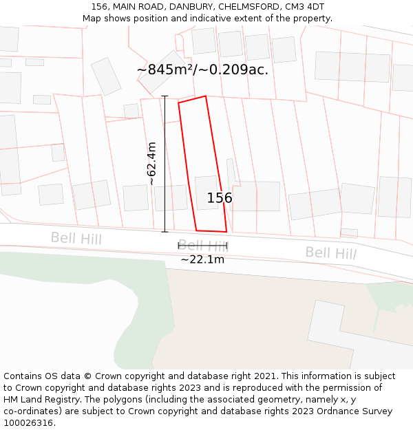 156, MAIN ROAD, DANBURY, CHELMSFORD, CM3 4DT: Plot and title map