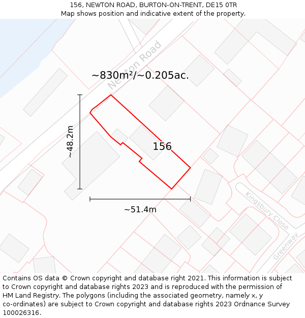 156, NEWTON ROAD, BURTON-ON-TRENT, DE15 0TR: Plot and title map