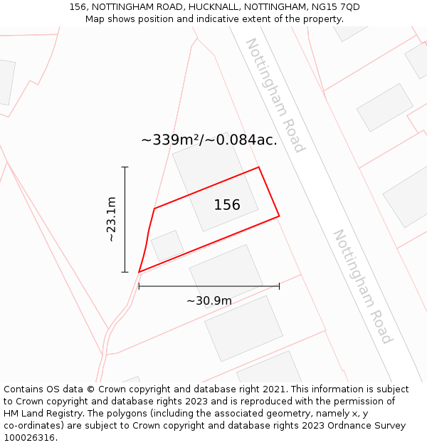 156, NOTTINGHAM ROAD, HUCKNALL, NOTTINGHAM, NG15 7QD: Plot and title map