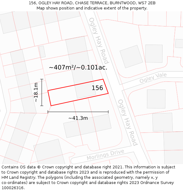 156, OGLEY HAY ROAD, CHASE TERRACE, BURNTWOOD, WS7 2EB: Plot and title map