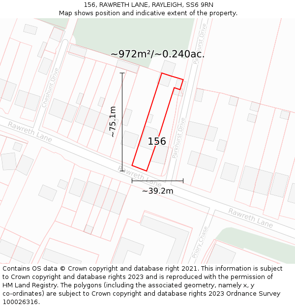 156, RAWRETH LANE, RAYLEIGH, SS6 9RN: Plot and title map
