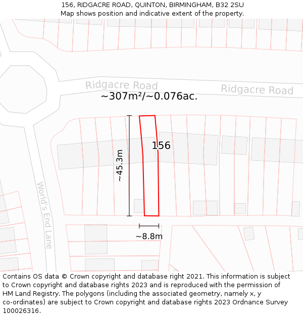 156, RIDGACRE ROAD, QUINTON, BIRMINGHAM, B32 2SU: Plot and title map