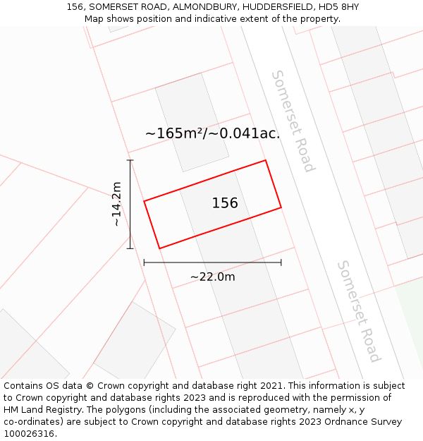 156, SOMERSET ROAD, ALMONDBURY, HUDDERSFIELD, HD5 8HY: Plot and title map