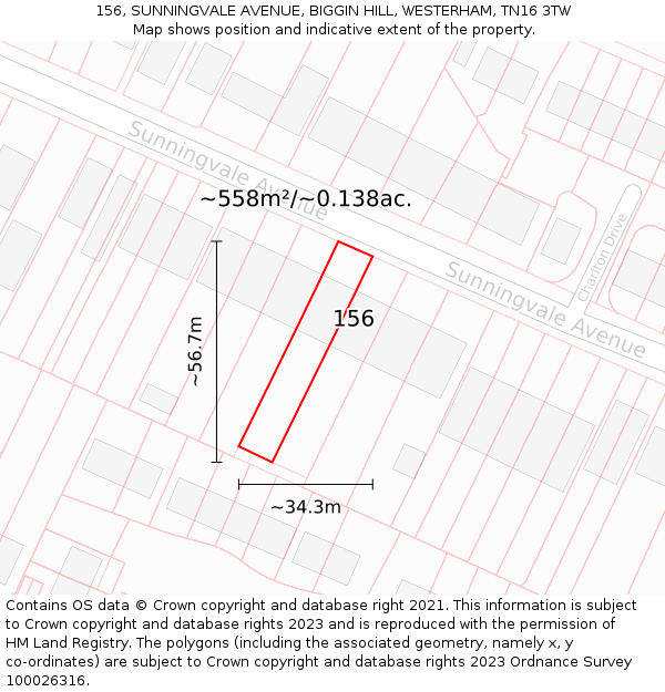 156, SUNNINGVALE AVENUE, BIGGIN HILL, WESTERHAM, TN16 3TW: Plot and title map