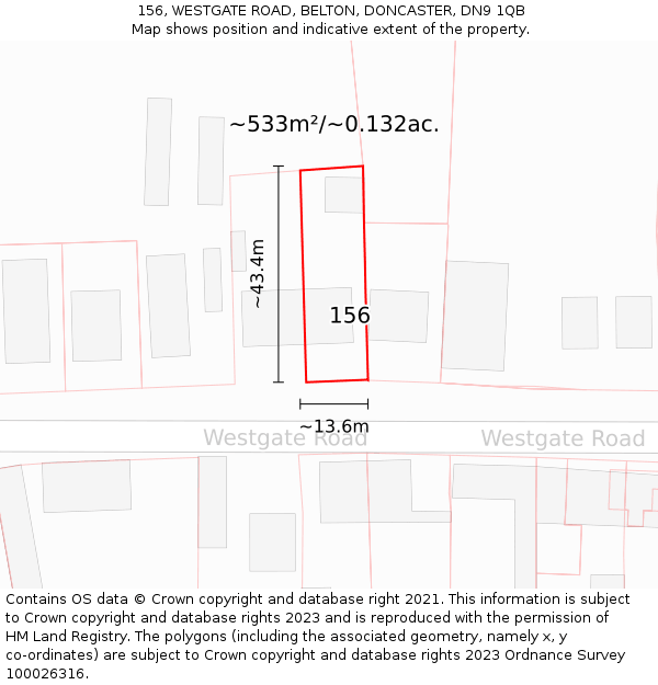 156, WESTGATE ROAD, BELTON, DONCASTER, DN9 1QB: Plot and title map