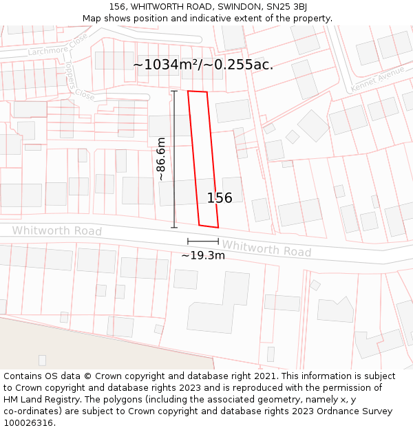 156, WHITWORTH ROAD, SWINDON, SN25 3BJ: Plot and title map