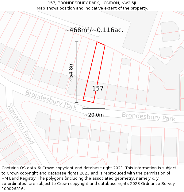 157, BRONDESBURY PARK, LONDON, NW2 5JL: Plot and title map