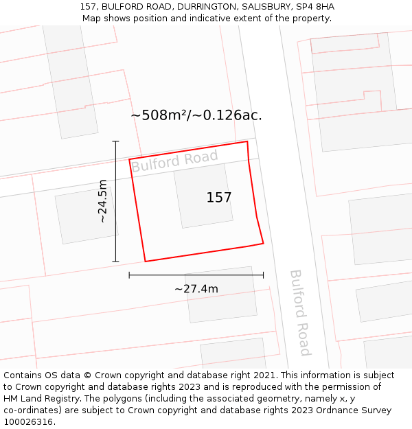 157, BULFORD ROAD, DURRINGTON, SALISBURY, SP4 8HA: Plot and title map
