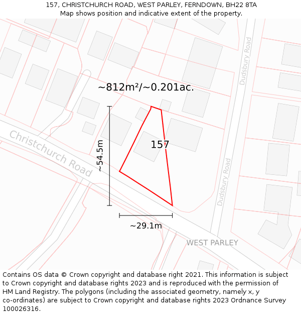 157, CHRISTCHURCH ROAD, WEST PARLEY, FERNDOWN, BH22 8TA: Plot and title map