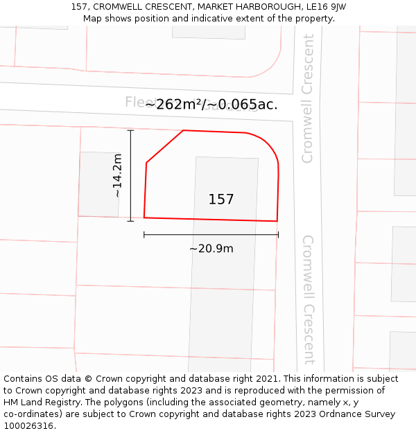 157, CROMWELL CRESCENT, MARKET HARBOROUGH, LE16 9JW: Plot and title map