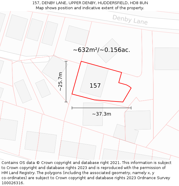 157, DENBY LANE, UPPER DENBY, HUDDERSFIELD, HD8 8UN: Plot and title map