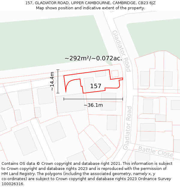 157, GLADIATOR ROAD, UPPER CAMBOURNE, CAMBRIDGE, CB23 6JZ: Plot and title map