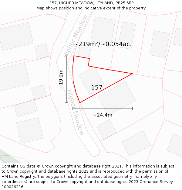 157, HIGHER MEADOW, LEYLAND, PR25 5RP: Plot and title map