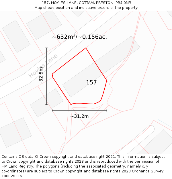 157, HOYLES LANE, COTTAM, PRESTON, PR4 0NB: Plot and title map