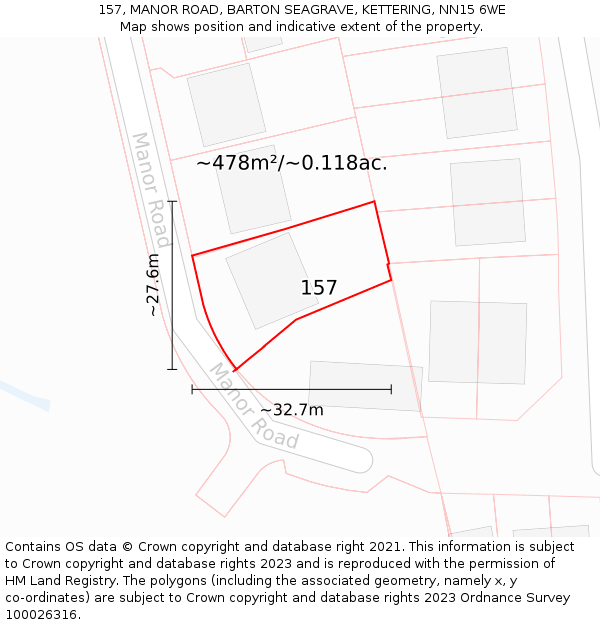 157, MANOR ROAD, BARTON SEAGRAVE, KETTERING, NN15 6WE: Plot and title map