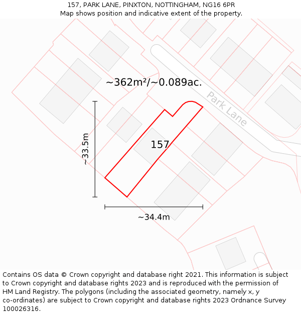 157, PARK LANE, PINXTON, NOTTINGHAM, NG16 6PR: Plot and title map