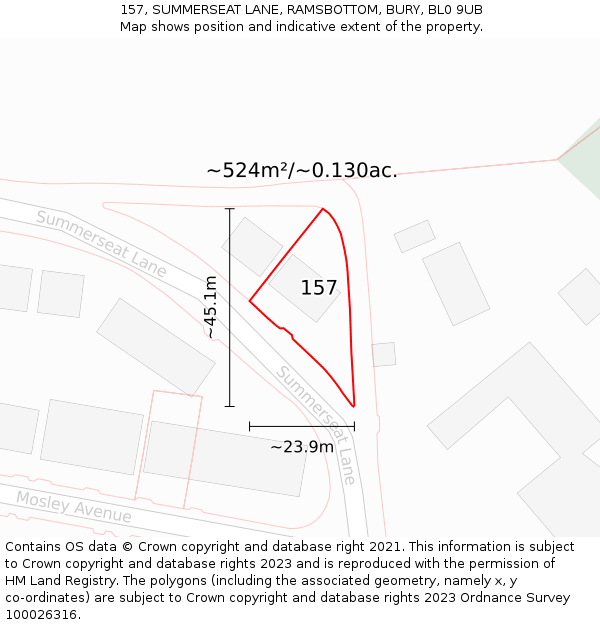 157, SUMMERSEAT LANE, RAMSBOTTOM, BURY, BL0 9UB: Plot and title map