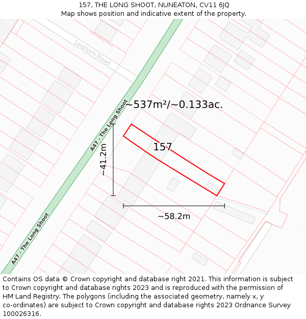 157, THE LONG SHOOT, NUNEATON, CV11 6JQ: Plot and title map