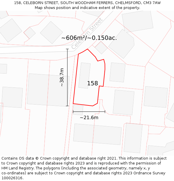 158, CELEBORN STREET, SOUTH WOODHAM FERRERS, CHELMSFORD, CM3 7AW: Plot and title map