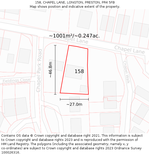 158, CHAPEL LANE, LONGTON, PRESTON, PR4 5FB: Plot and title map