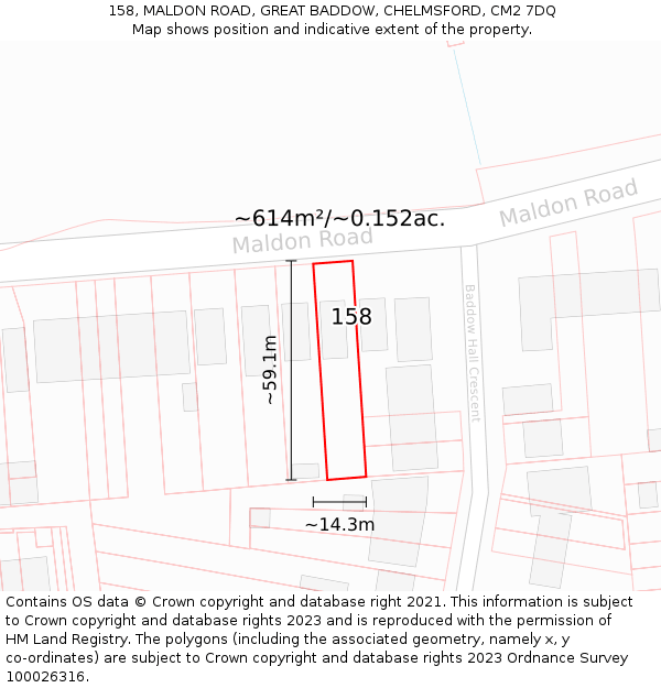 158, MALDON ROAD, GREAT BADDOW, CHELMSFORD, CM2 7DQ: Plot and title map