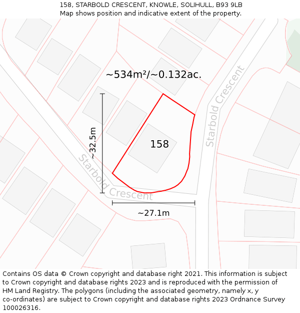 158, STARBOLD CRESCENT, KNOWLE, SOLIHULL, B93 9LB: Plot and title map