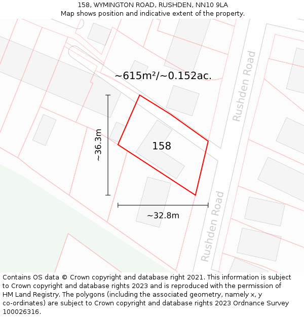 158, WYMINGTON ROAD, RUSHDEN, NN10 9LA: Plot and title map