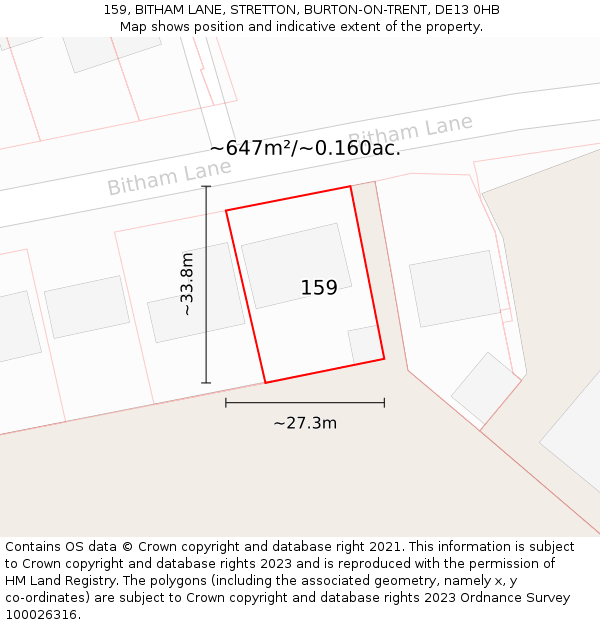 159, BITHAM LANE, STRETTON, BURTON-ON-TRENT, DE13 0HB: Plot and title map