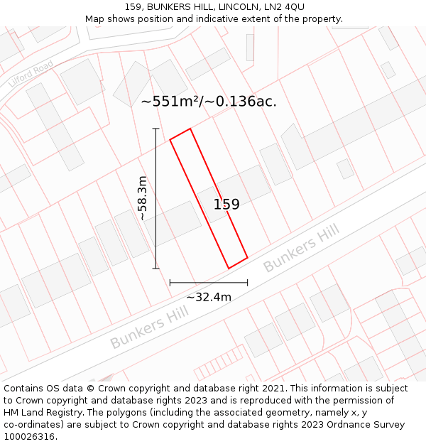 159, BUNKERS HILL, LINCOLN, LN2 4QU: Plot and title map