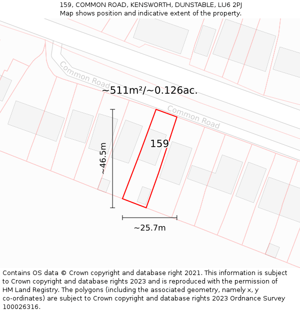 159, COMMON ROAD, KENSWORTH, DUNSTABLE, LU6 2PJ: Plot and title map