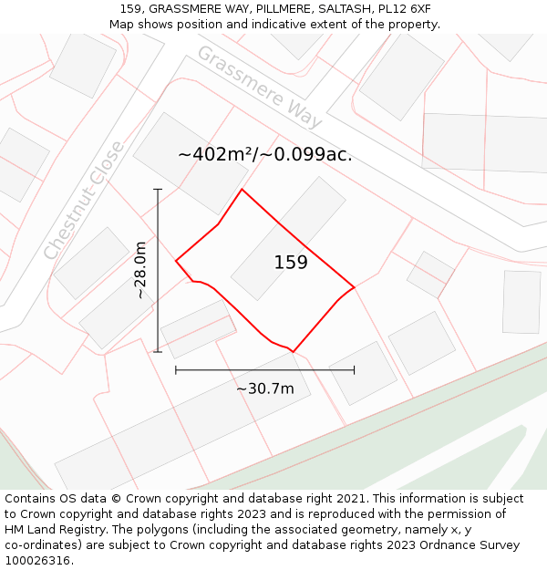 159, GRASSMERE WAY, PILLMERE, SALTASH, PL12 6XF: Plot and title map